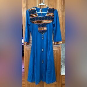 Blue and Orange Embroidered Kurti Tunic Dress